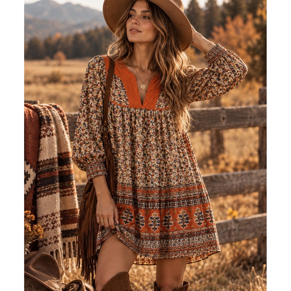 Tory Burch Floral Dress Womens M Boho Cottagecore Quilted Yoke Midi Long Sleeve